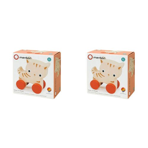 2PK Mentari Kitten On Wheels Pull Along Kids 11cm Wooden Toy 6m+
