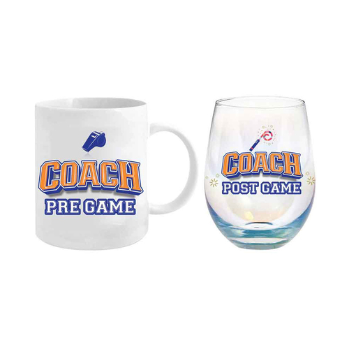 2pc Coach Pre/Post Game 360ml/600ml Ceramic Mug & Stemless Glass Set