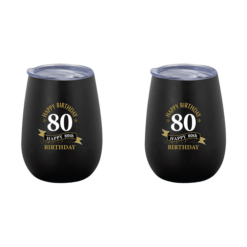 2PK 80th Birthday 360ml Stainless Steel Double Walled Insulated Mug Black