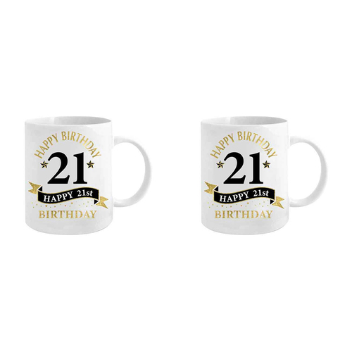 2PK 21st Bday White & Gold 360ml Ceramic Coffee/Tea Drink Mug w/ Handle