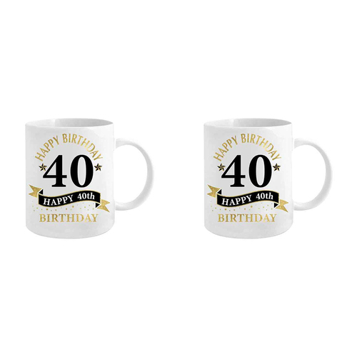 2PK 40th Birthday White & Gold 360ml Ceramic Coffee/Tea Drink Mug w/ Handle