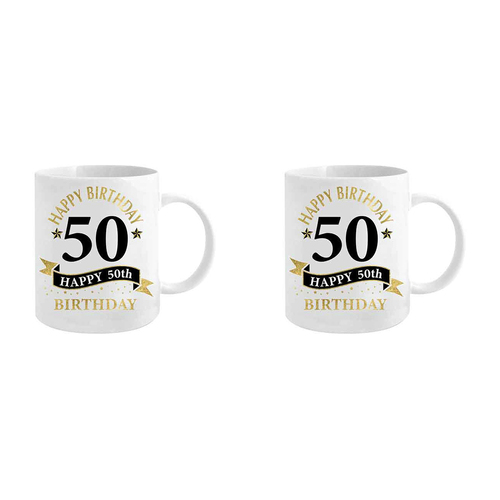 2PK 50th Bday White & Gold 360ml Ceramic Coffee/Tea Drink Mug w/ Handle