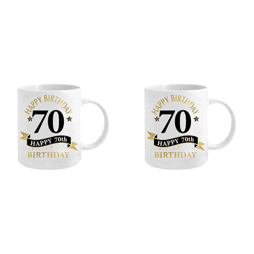 2PK 70th Birthday White & Gold 360ml Ceramic Coffee/Tea Drink Mug w/ Handle