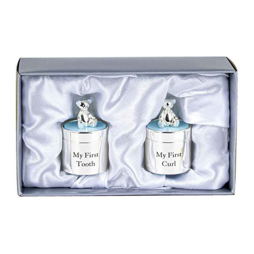 Silver Plate Tooth & Curl Blue Decorative Keepsake Box Gift Set