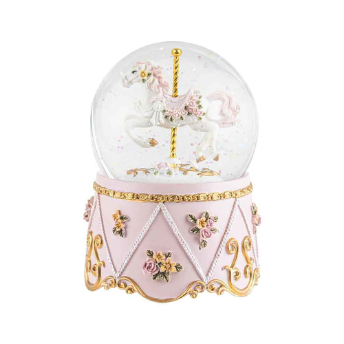 Pretty Glitter Horse Carousel Water Globe w/ Music Home Decor 15cm - Pink