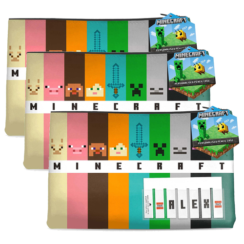 3PK Minecraft Personalised Named Pencil Case Multiple Colours