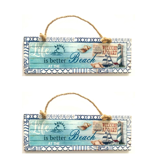 2PK Life is Better at Beach Hanging Ceramic Sign Plaque 10x30cm Rectangle