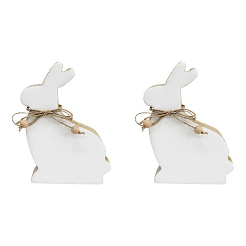 2PK LVD Medium Wooden Easter Rabbit Squat Home Decor 14.5x9cm White-Washed
