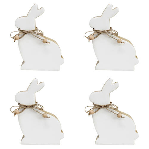 4PK LVD Medium Wooden Easter Rabbit Squat Home Decor 14.5x9cm White-Washed