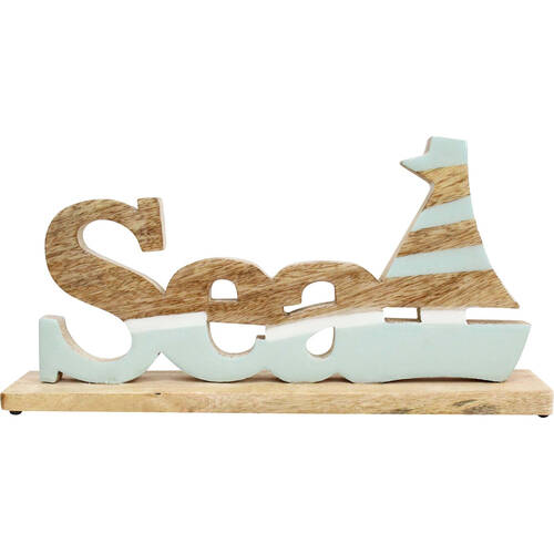 LVD Large Wooden Sea Indoor Decorative Sign Plaque 33x16cm Brown/Blue