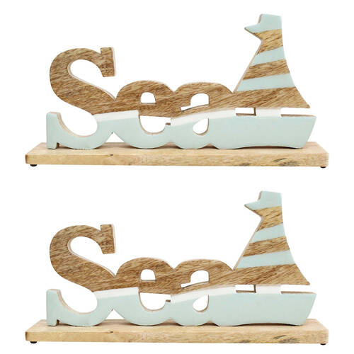 2PK LVD Large Wooden Sea Indoor Decorative Sign Plaque 33x16cm Brown/Blue