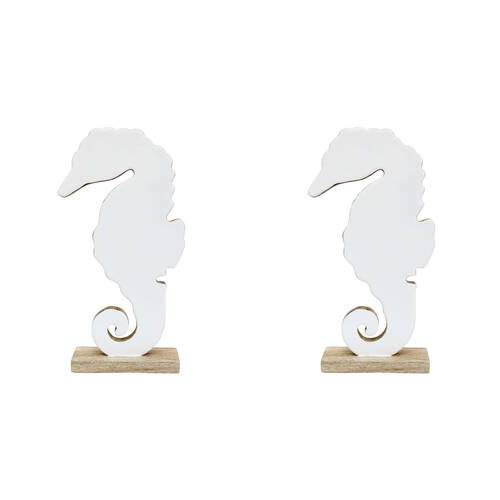 2PK LVD Extra Large Wooden Seahorse Decorative Home Statue 31x17cm White