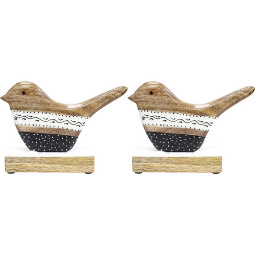 2PK LVD Wooden Bird Folk Home Decoration Large 18.5x13x5cm Black/White