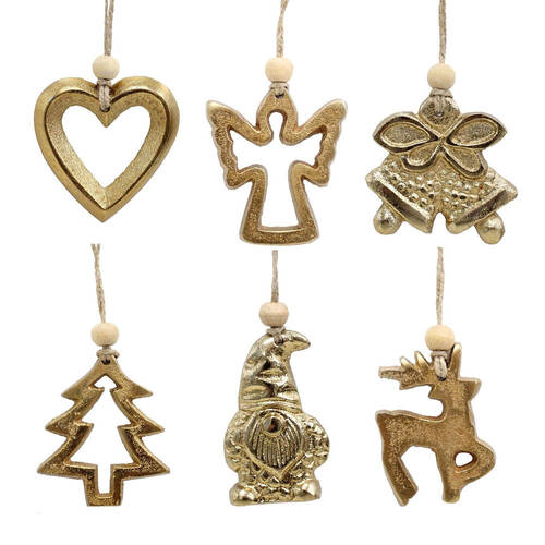 6PK LVD Hanging Brass/Aluminium Christmas Decorations 5-6cm Gold Assorted