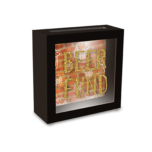 Beer Fund Novelty Money Bank Gold Text Black Box 19cm