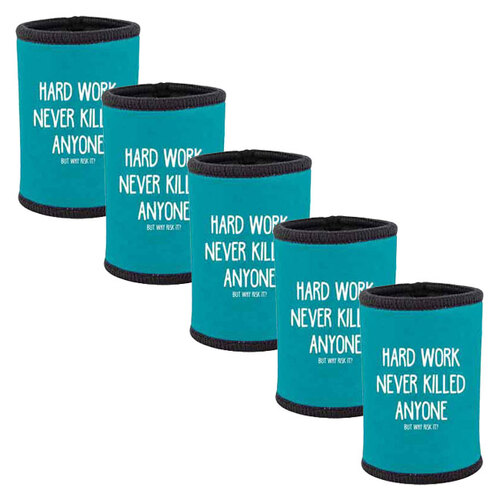5pc Hard Work Never Killed Anyone Neoprene Stubby Holder For 375ml Bottles Blue