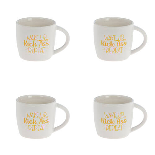 4PK Bramble Bay Wake Up, Kick Ass Inspirational Novelty Mug White and Yellow