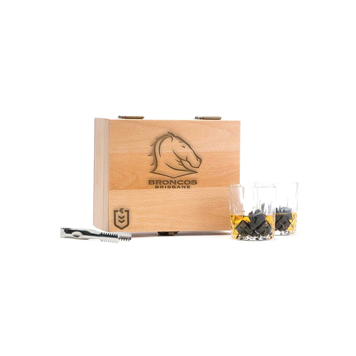 NRL Brisbane Broncos Whisky Glass Stone Bar Set w/Tongs