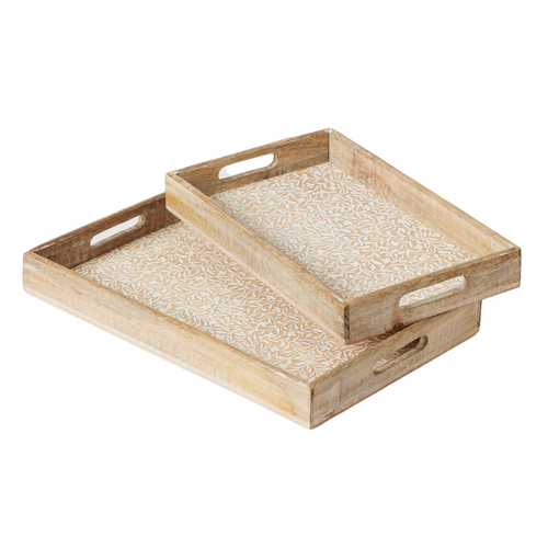 2pc Pilbeam Living Wooden Ambretta Trays Set Home Decor - White Wash