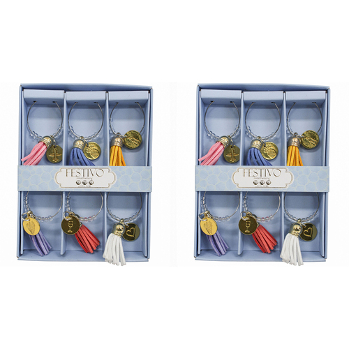 2x LVD 6pc PU/Metal 13cm Wine Charms Tassel Bottle Tag/Marker Set