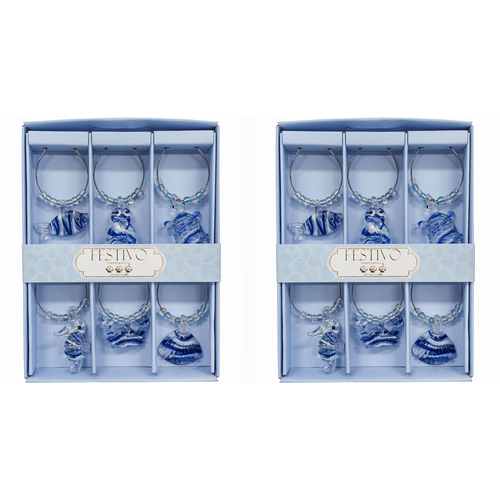 2x LVD 6pc Glass 13cm Wine Charms Ocean Bottle Tag Set - Blue