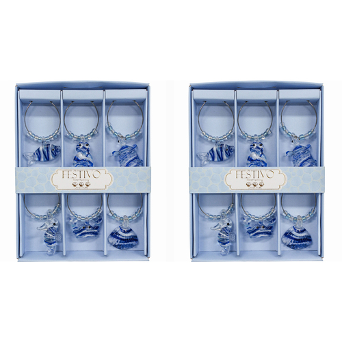 2x LVD 6pc Glass 13cm Wine Charms Ocean Bottle Tag Set - Blue