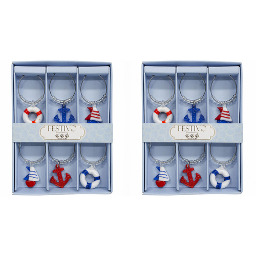2x LVD 6pc Glass 13cm Wine Charms Nautical Bottle Tag/Marker Set
