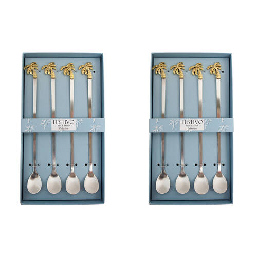 2x 4pc LVD Stainless Steel Long Spoons Set 22.5x12.5cm Gold Palm Trees