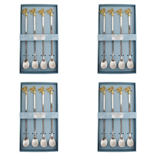 4x 4pc LVD Stainless Steel Long Spoons Set 22.5x12.5cm Gold Palm Trees