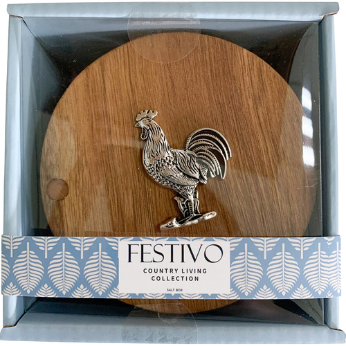 LVD Rooster Acacia Wood/Metal Salt Box 12x11cm - Brown