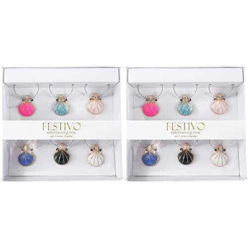 2x 6pc LVD Seashells Alloy Wine Glass Charms Set 13x12cm Multicoloured