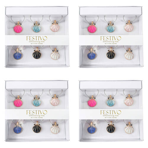 4x 6pc LVD Seashells Alloy Wine Glass Charms Set 13x12cm Multicoloured