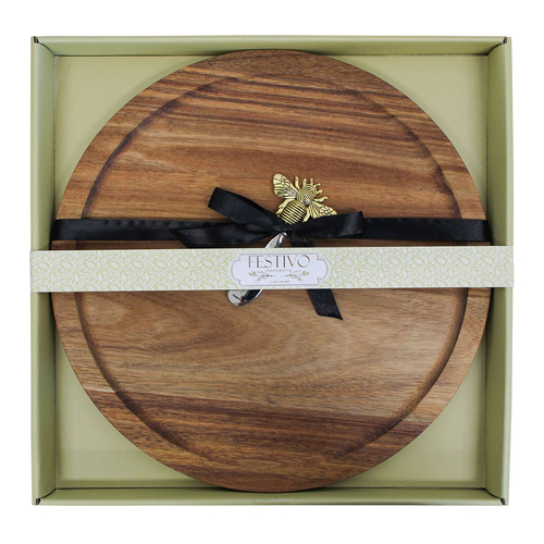 2pc LVD Acacia Wood Round 34.5cm Board & Metal Bee Spreader Set