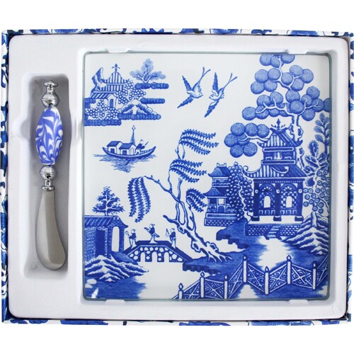 2pc LVD Gift Server Chinoiserie 28.5cm Glass Cheese Board & Spreader Set