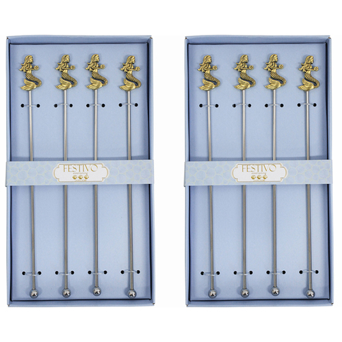 2x LVD 4pc Metal 22cm Cocktail Stirrer Mermaid Set - Silver/Gold