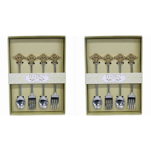 2x 4pc LVD Metal Bee 14.5cm Fork & Spoon Cutlery Set - Gold/Silver