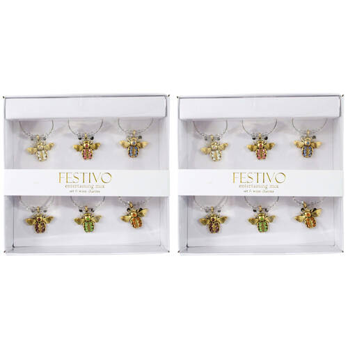 2x 6pc LVD Jewelled Bee Alloy Wine Glass Charm Set 13x12cm Multicoloured