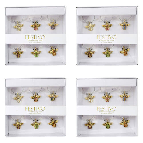 4x 6pc LVD Jewelled Bee Alloy Wine Glass Charm Set 13x12cm Multicoloured