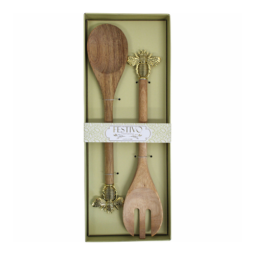 2pc LVD Acacia Wood Metal 35cm Bee Salad Server Spoon/Fork Set - Natural/Gold