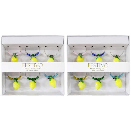 2x 6pc LVD Glass Lemons Fruit Alloy Wine Charms Set 13x12cm Multicoloured