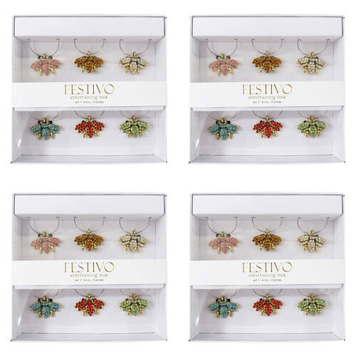 4x 6pc LVD Bumble Bee Alloy Wine Glass Charms Set 13x12cm Multicoloured