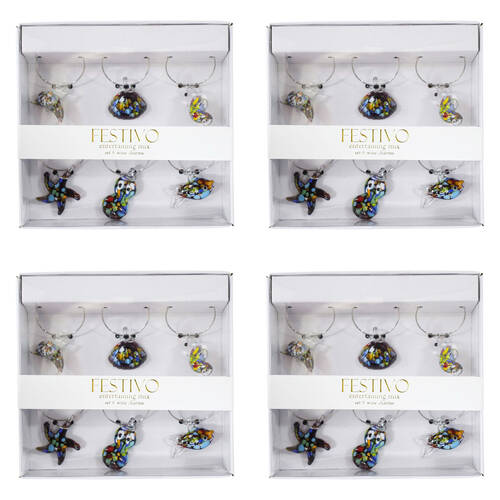 4x 6pc LVD Glass Ocean-Themed Alloy Wine Charms Set 13x12cm Multicoloured