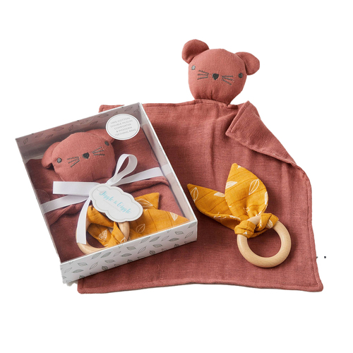 Jiggle & Giggle Rosette Double Muslin Comforter & Wooden Teething Ring