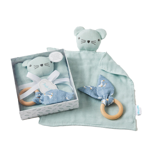 Jiggle & Giggle Misty Blue Double Muslin Comforter & Wooden Teething Ring