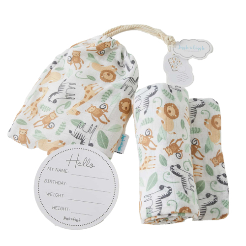 2pc Jiggle & Giggle Safari Baby Muslin Wrap & Arrival Card w/ Bag