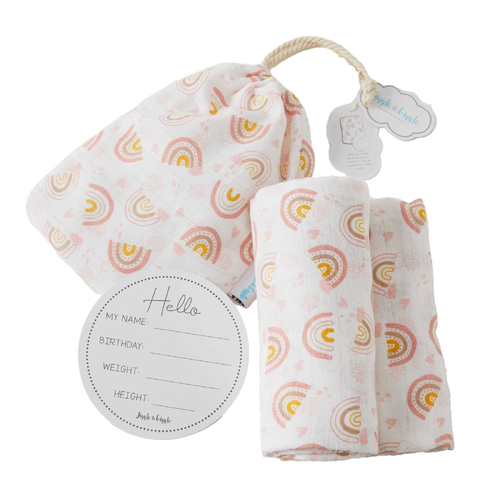 2pc Jiggle & Giggle Rainbow Baby Muslin Wrap & Arrival Card w/ Bag