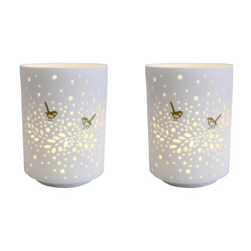 2PK LVD Porcelain Tealight Candle Holder Display Midnight Bird 14cm - White