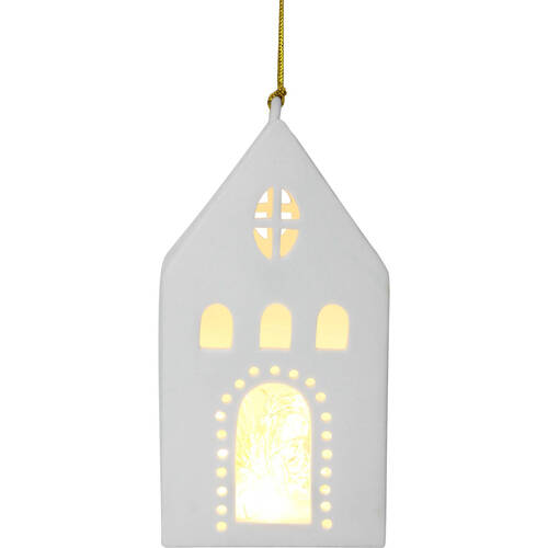 LVD Porcelain Hanging Village House Tealight Candle Holder 16cm - White