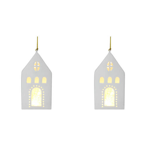 2PK LVD Porcelain Hanging Village House Tealight Candle Holder 16cm - White