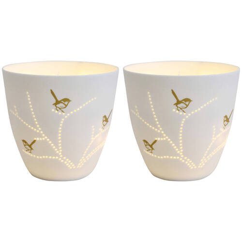 2PK LVD Porcelain Cup Tealight Candle Holder Display Bird 9cm - White